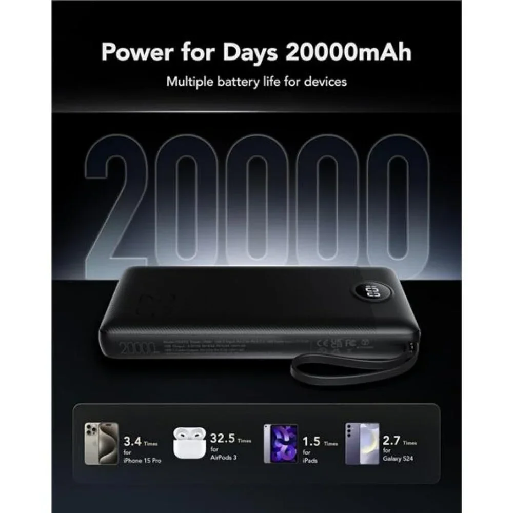 Portable Charger 20000mAh Built In Cables Fast Charging Power Bank for iPhone Sa